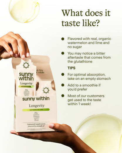 Longevity - Cellular Health Supplement w/Bioavailable Liquid NAD+, Glutathione, CoQ10, B12, MCT, Avocado Oil - Energy, Detox, Brain, Skin, Gut, & Heart Support* - 30 Pouches