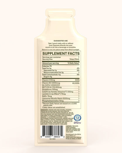 Longevity - Cellular Health Supplement w/Bioavailable Liquid NAD+, Glutathione, CoQ10, B12, MCT, Avocado Oil - Energy, Detox, Brain, Skin, Gut, & Heart Support* - 30 Pouches